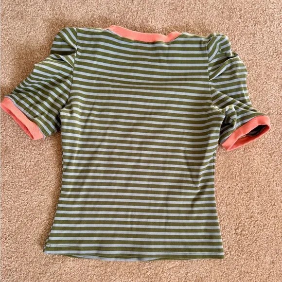 Maeve Anthroplogie Green Blue Striped Short Sleeve Tee  Coral Trim S - Picture 2 of 3